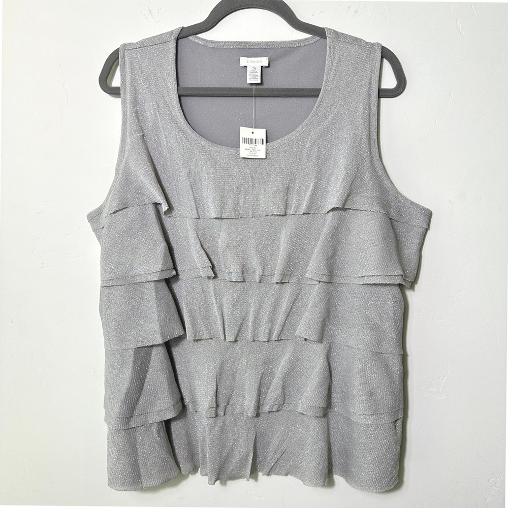 Chico's Women's‎ Sparkle Mesh Silver Metallic Tiered Ruffle Sleeveless 3 US16 XL
